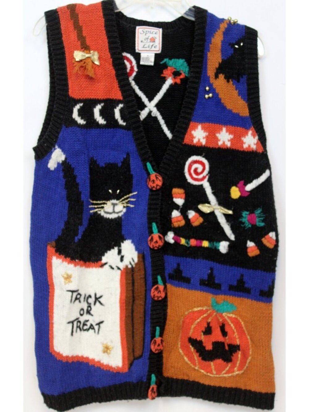 VTG 90s Spice of Life Sweater Vest Halloween Med Cat Pumpkin Mom Teacher Grandma